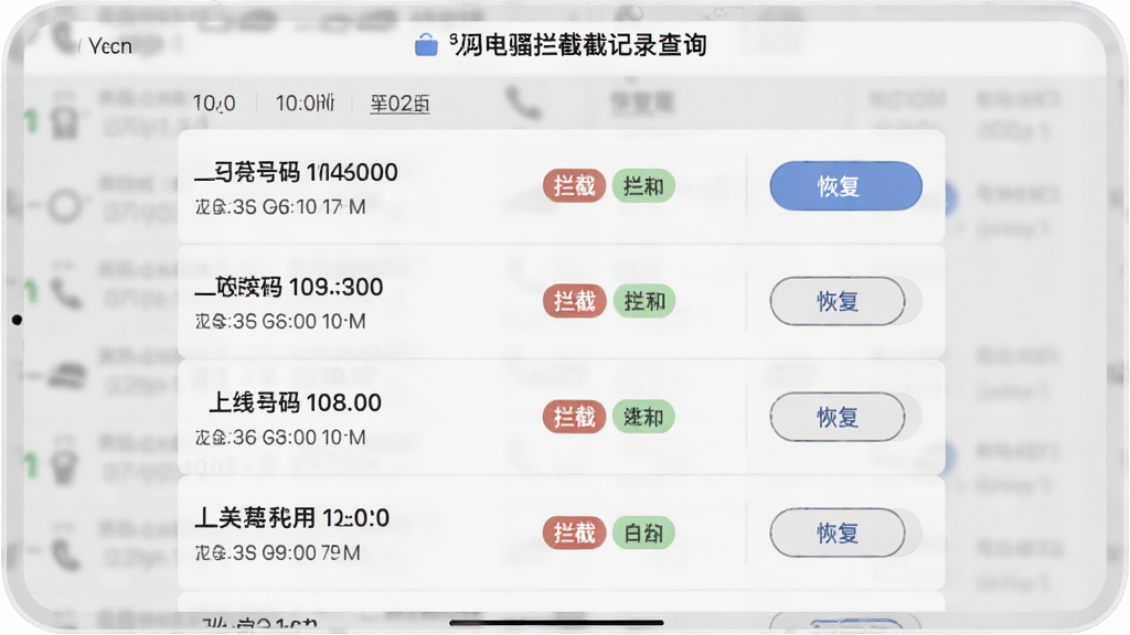 骚扰电话拦截豹拦截记录查询页面,主体为按时间排序的通话记录列表,布局为纵向列表排版,风格为浅灰质感极简风,细节包含每条记录的号码、时间、拦截标签与恢复按钮,画质清晰,干净,无多余元素