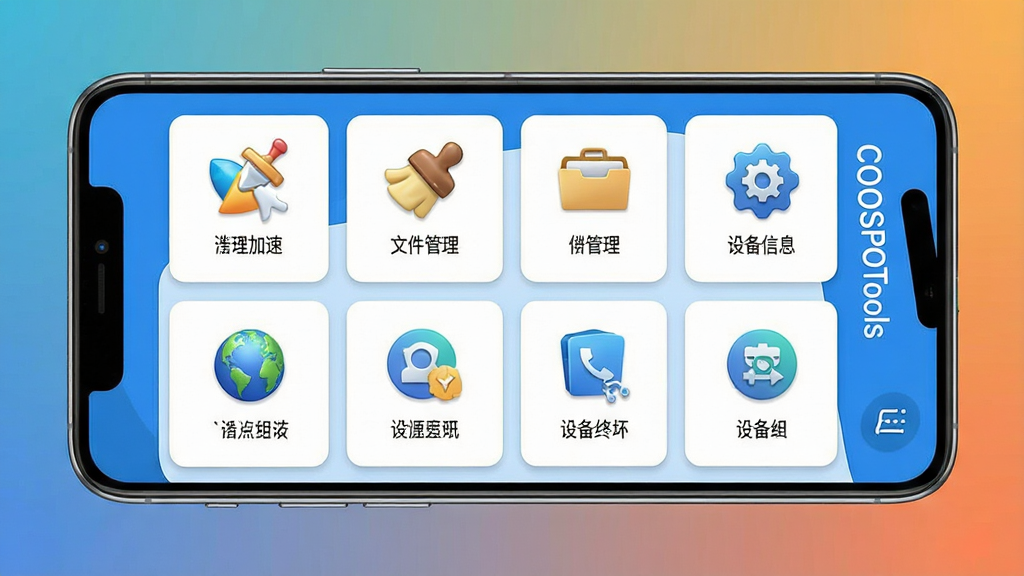 一张展示COOSPOTools软件主界面的手机屏幕截图,画面主体为一部现代智能手机,手机屏幕显示着COOSPOTools应用的主页,布局清晰,包含多个功能图标如清理加速、文件管理、设备信息等,排版采用卡片式网格设计,风格简洁现代,色调以蓝白为主,细节上体现图标的立体感与界面文字的锐利度,画质高清,干净无多余元素,背景为纯色渐变,突出手机屏幕内容