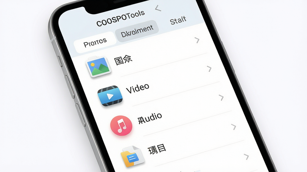 一张展示COOSPOTools文件管理界面的AI生成图,画面主体为手机屏幕显示文件分类列表,包括图片、视频、音频、文档等图标,布局采用垂直列表与顶部标签页结合,排版整齐,风格为清新浅色系UI设计,细节上图标带有微阴影,文字清晰,画质高清,干净无多余元素,背景为柔和白色