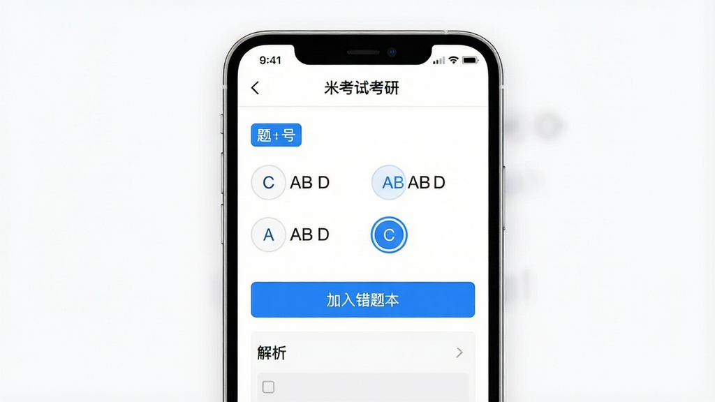 一幅AI生成的米考试考研智能题库界面展示图,主体为手机屏幕中央显示一道考研政治多选题,下方有