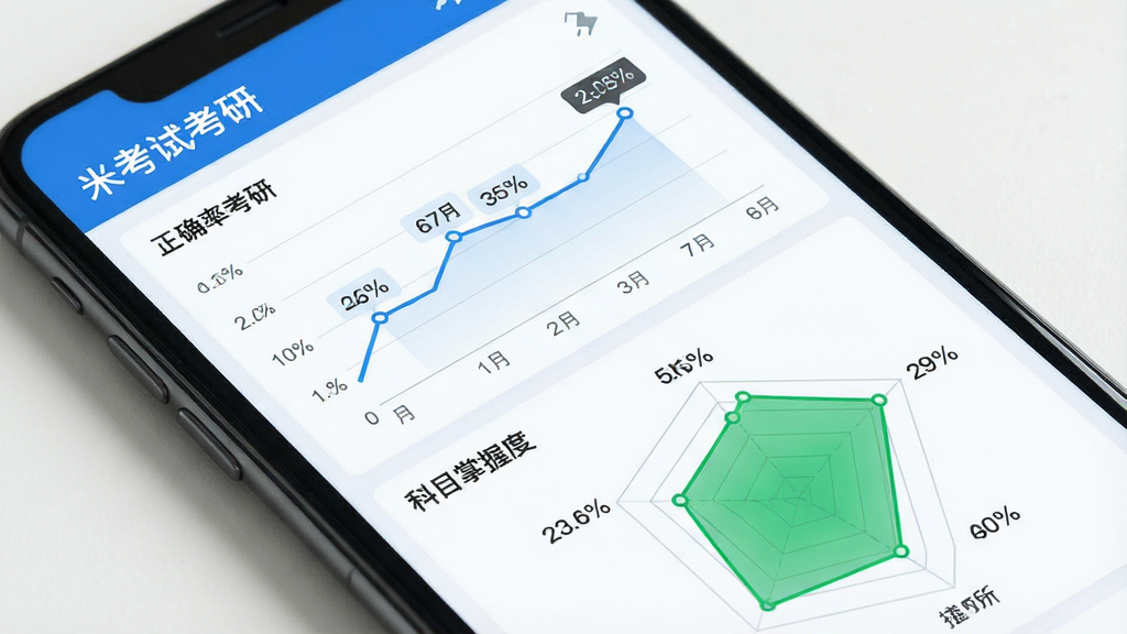 一张展示米考试考研学习数据统计页面的图片,主体为手机屏幕中显示正确率折线图和科目掌握度雷达图,布局为上下两栏,排版规整,风格为数据可视化仪表盘风格,细节包括
