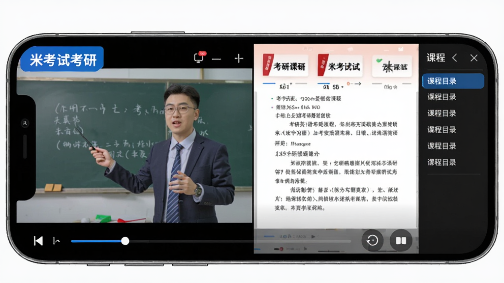 一幅AI生成的米考试考研课程学习界面图,主体为手机横屏播放考研英语课程视频,画面中有老师讲课画面和PPT讲义分屏,布局为左右分栏,排版清晰,风格为在线教育直播风格,细节包括