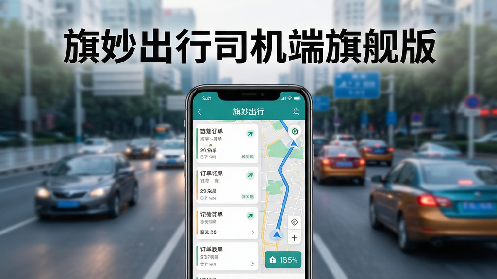 旗妙出行司机端旗舰版软件主界面展示,画面中央放置一部智能手机,手机屏幕上显示订单列表与地图导航融合的接单界面,上方有醒目的“旗妙出行司机端旗舰版”文字标题,背景为城市道路与车辆行驶的虚化场景,主体突出、布局居中,排版简洁清晰,风格为现代科技感扁平化设计,细节包括订单卡片、导航箭头、收入统计小图标,画质高清、干净、无多余元素
