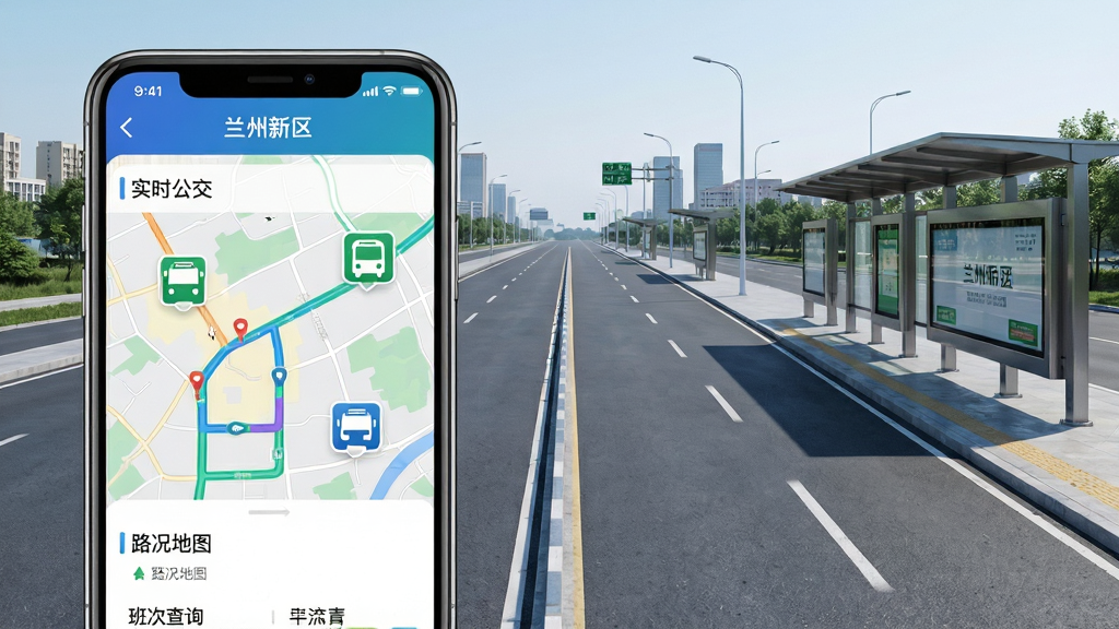 兰州新区APP交通出行页面展示,手机屏幕显示“实时公交”“路况地图”“班次查询”界面,背景为兰州新区宽阔的城市道路与公交站台,布局采用手机屏幕与道路场景融合构图,风格为现代智能的交通出行风,细节上地图路线清晰,公交图标醒目,画质高清,画面干净整洁。