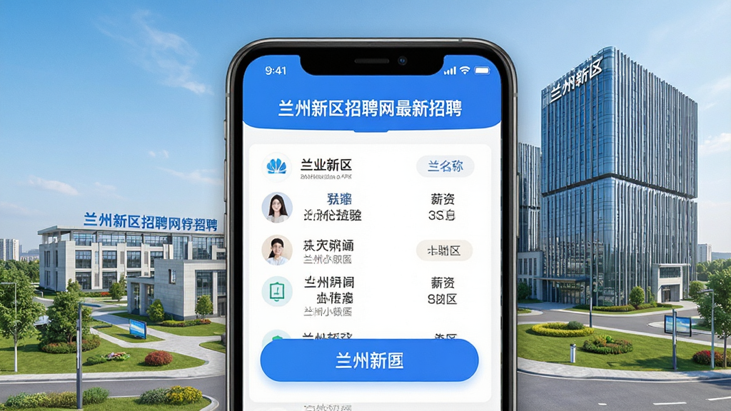 兰州新区APP招聘页面展示,手机屏幕显示“兰州新区招聘网最新招聘”岗位列表,包含企业名称、职位名称、薪资待遇等信息,背景为兰州新区职教园区与产业孵化大厦,布局采用手机界面放大展示,风格为清晰明快的职场招聘风,细节上按钮突出,信息层级分明,画质高清,画面干净无杂乱元素。