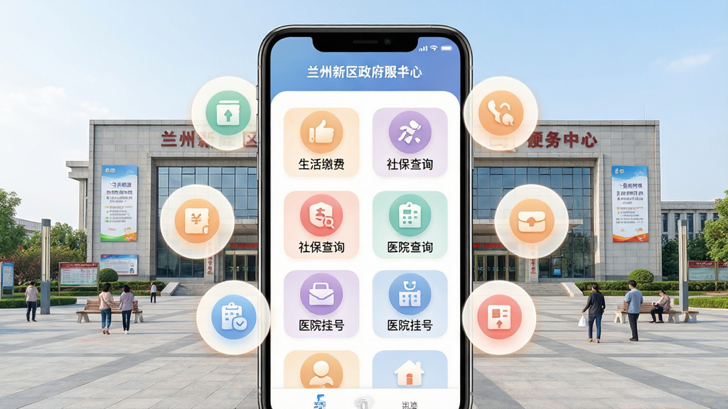 兰州新区APP便民服务页面展示,手机屏幕显示“生活缴费”“社保查询”“医院挂号”等功能图标网格,背景为兰州新区政务服务中心大楼与市民广场,布局采用手机与功能图标环绕式构图,风格为温馨便捷的智慧生活风,细节上图标设计统一,色彩柔和,画质高清,画面干净有序。