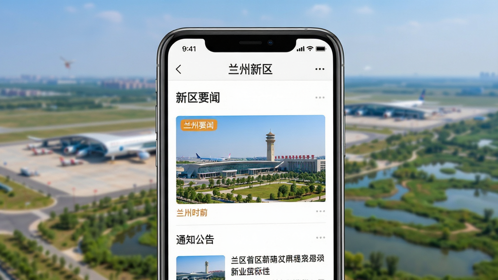 兰州新区APP新闻资讯页面展示,画面中手机屏幕显示“兰州新区”新闻列表,标题包含“新区要闻”“通知公告”等字样,背景为兰州新区地标性建筑中川机场与湿地公园,布局采用手机特写与虚化背景结合,风格为现代简约的商务资讯风,细节上新闻配图清晰,时间标签醒目,画质高清,画面干净整洁。