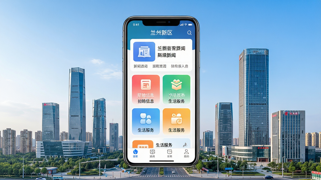 兰州新区APP主界面全貌展示,画面中央放置一部智能手机,屏幕显示“兰州新区”应用首页,包含新闻资讯、招聘信息、生活服务等图标模块,背景为兰州新区城市天际线与现代化建筑群,布局采用居中对称构图,风格为清新写实的科技生活风,细节上手机屏幕内容清晰可见,图标色彩鲜明,画质高清,画面干净无多余元素。
