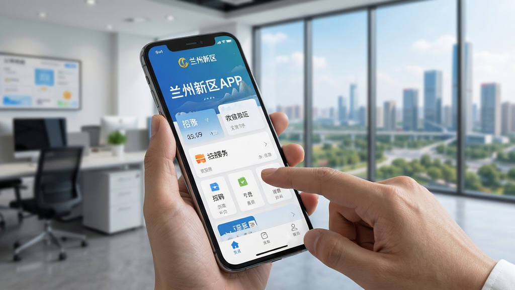 用户手持手机操作兰州新区APP的移动端使用场景,画面中手机屏幕显示“兰州新区”应用界面,手指正在点击“招聘”模块,背景为兰州新区现代化办公环境与城市景观,布局采用人物手部特写与手机屏幕结合,风格为真实生活化的移动应用使用场景,细节上界面清晰,操作动作自然,画质高清,画面干净无干扰元素。