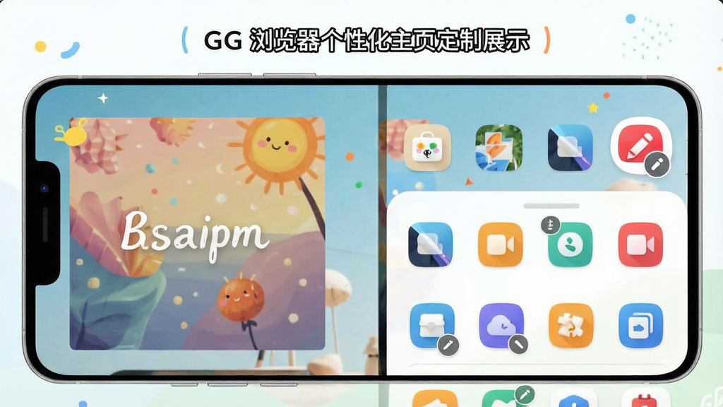GG浏览器个性化主页定制功能展示图,主体为可编辑的手机主页界面,布局包含背景图区域与图标网格,排版自由活泼,风格清新明快,细节包含自定义壁纸、快捷图标、编辑铅笔标识,画质高清干净无多余元素