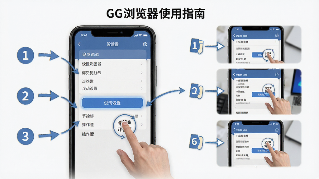 GG浏览器使用指南示意图,主体为手机屏幕中显示设置菜单与操作手势,布局左侧为步骤编号右侧为对应界面截图,排版教程风格,细节包含箭头指引、高亮按钮、文字标注,画质高清干净无多余元素