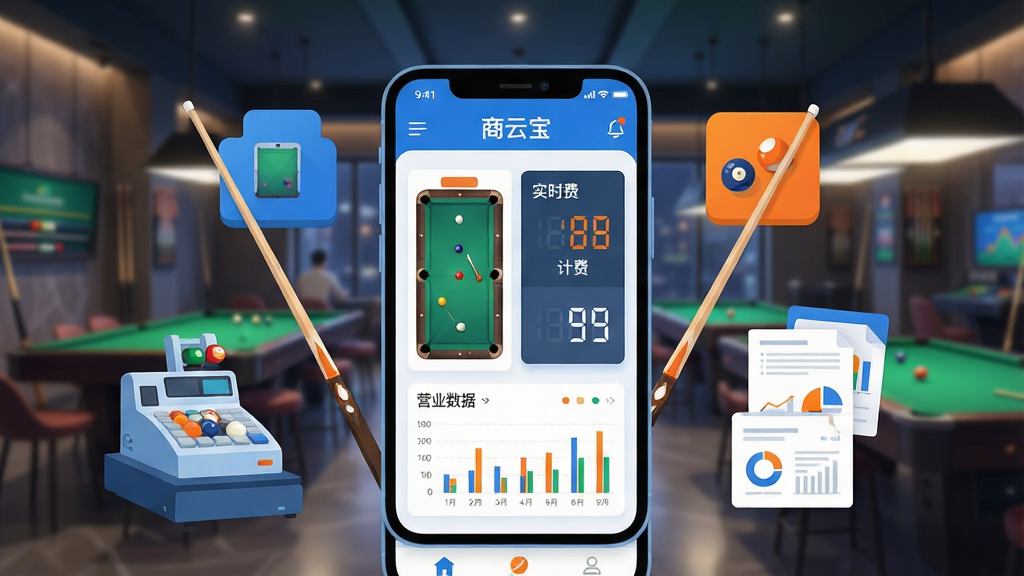 一张展示商云宝软件核心功能的视觉概念图。画面中心是一部智能手机,屏幕上清晰显示着“商云宝”的APP界面,界面布局包含台球桌状态图、实时计费数字和营业数据图表。手机周围环绕着台球、球杆、收银机、数据报表图标等元素,以简洁的科技蓝和活力橙为主色调。背景是虚化的现代化台球俱乐部场景,灯光柔和。整体风格为扁平化插画,画面干净整洁,无多余文字,画质高清,细节丰富。