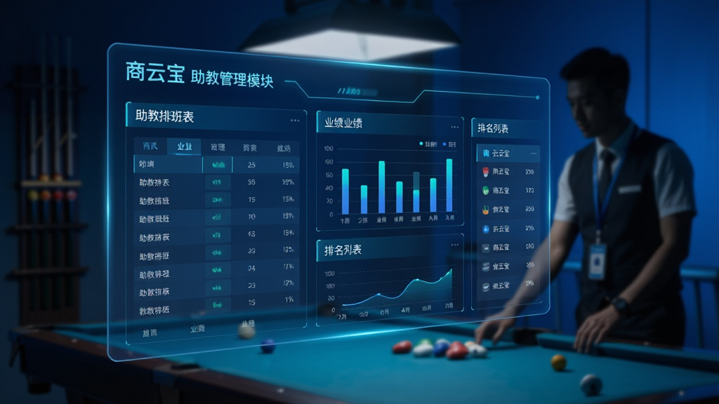 一张AI生成的数据看板概念图。画面主体是一块悬浮在空中的半透明数据面板,面板上以图表形式展示着“商云宝”助教管理模块的数据,包括助教排班表、业绩柱状图、排名列表等。背景是模糊的台球桌和正在教学的助教剪影。风格为未来科技感,以深蓝色为主色调,数据线条发出荧光,画面干净利落,突出数据可视化效果。
