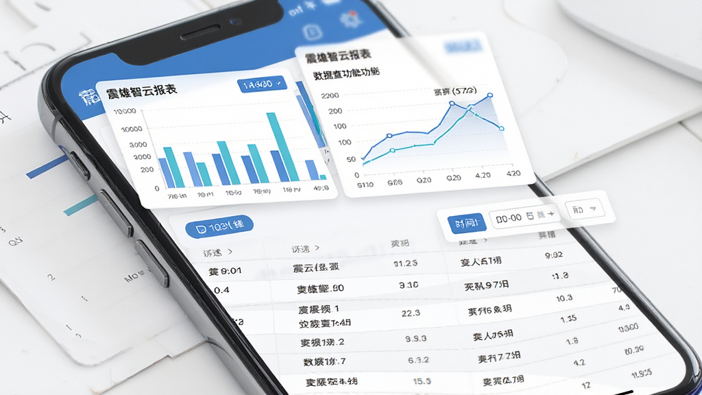 震雄智云报表数据查看功能界面预览图,画面主体为手机屏幕中展示柱状图、折线图与数据汇总列表,布局采用上下分区排版,上方为图表卡片下方为明细条目,风格为简约商务风,细节包含坐标轴、数值标签、筛选按钮与时间选择器,画质高清干净,无多余元素