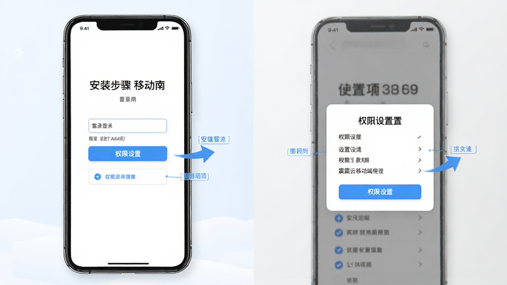 震雄智云移动端使用指南示意图,画面主体为手机屏幕显示登录界面与权限设置弹窗,布局采用左右分栏展示安装步骤与设置项,排版清晰有序,风格为简洁说明风,细节包含按钮高亮、箭头指引与文字标注,画质高清干净,无多余元素