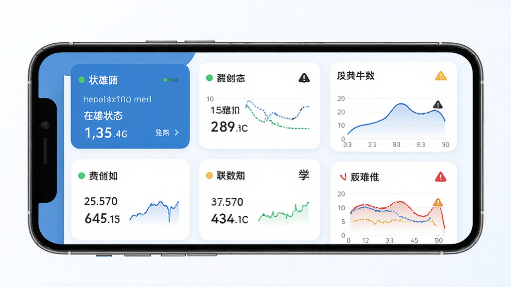 震雄智云设备联网监控功能界面预览图,画面主体为手机屏幕中显示多台注塑机状态卡片与实时参数曲线,布局采用卡片式网格排列,排版层次分明,风格为扁平化科技蓝调,细节包含在线状态圆点、参数数值、趋势折线与预警图标,画质高清干净,无多余元素