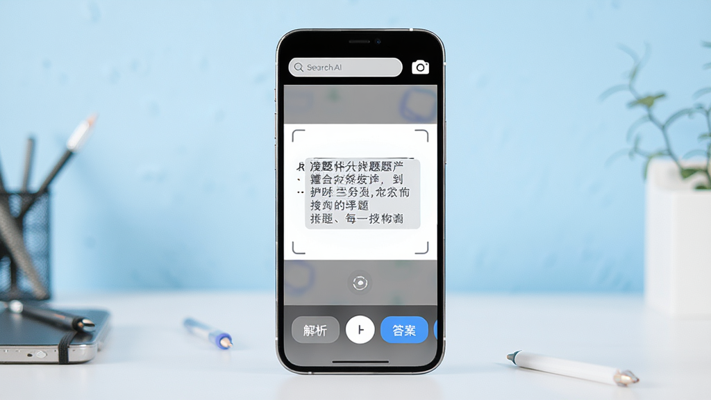 一张展示DeepAI作业搜题软件主界面的图片,画面中央是一部竖屏智能手机,屏幕内显示软件拍照搜题界面,顶部有搜索框与相机图标,中部为题目识别区域,底部有解析与答案选项卡。背景为浅蓝色渐变,桌面整洁,风格清爽现代,细节清晰,画质高清,干净无多余元素。