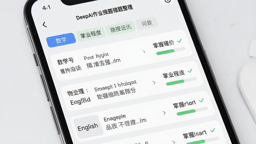 一张展示DeepAI作业搜题错题整理界面的图片,手机屏幕内显示错题列表,按数学、物理、英语等标签分类,每条记录旁有掌握程度标记。背景为淡灰色,界面布局清晰,风格简约,细节到位,画质高清,干净无多余元素。