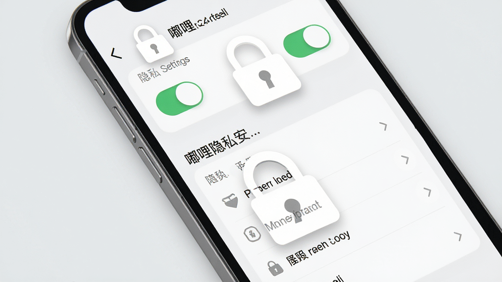 一张展示嘟哩隐私安全设置的图片,主体为手机屏幕显示隐私设置界面,屏幕中有开关按钮和权限选项列表,布局为纵向排列,排版清晰,风格为简约安全风,细节上锁形图标突出,背景为浅灰色,画质高清,干净,无多余元素