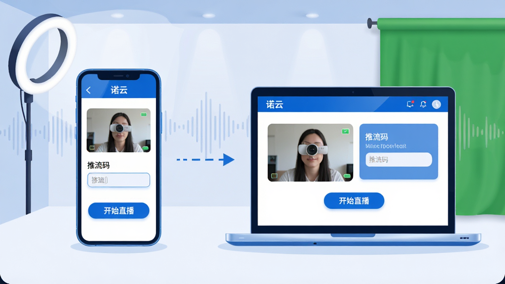 整体画面以科技蓝和白色为主色调,中央放置一部智能手机和一台笔记本电脑,两者屏幕均显示“诺云”直播推流界面,界面中包含摄像头预览、推流码输入框和开始直播按钮。背景为简洁演播室环境,有柔和的环形补光灯和绿幕一角。布局采用左右对称构图,手机在左、电脑在右,中间以虚线箭头连接表示多端协同。风格为现代扁平化科技插画,细节包括设备边缘的高光、界面图标的圆角处理、背景中若隐若现的声波纹理。画质清晰,干净,无多余元素。