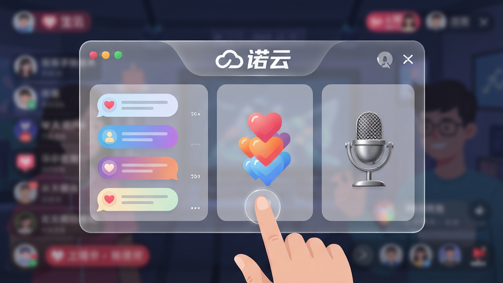 画面展示一个悬浮在空中的半透明控制面板,面板顶部有“诺云”Logo,面板内部分为三个区域:左侧是滚动评论列表,中间是点赞心形图标堆叠,右侧是麦克风连线图标。面板下方有一只手正在触控操作。布局采用正面平视角度,背景为虚化的直播间场景。风格为扁平化UI插画,细节包括评论气泡的圆角、点赞图标的渐变色彩、麦克风图标的金属网罩纹理。画质清晰,干净,无多余元素。