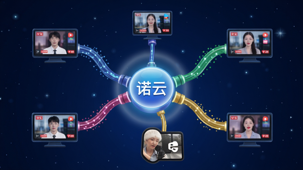 画面主体是一个发光的网络节点中心,节点上写着“诺云”二字,从中心向外延伸出六条不同颜色的光缆线条,分别连接至六个不同形状的屏幕图标,代表多个直播平台。布局采用中心辐射式构图,背景为深蓝色渐变星空。风格为未来感科技插画,细节包括光缆上的数据流粒子、屏幕图标呈现不同的直播画面缩略图、节点周围有柔和的光晕。画质清晰,干净,无多余元素。