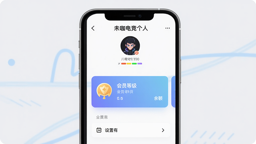 �����������ֻ���Ļ��ʾ��δ���羺����������ҳ�棬ҳ������ͷ�񡢻�Ա�ȼ�����������ѡ�����Ϊ�ֻ��������У�����Ϊǳ��ɫ����񣬴��е���ɫװ�����������ɾ���ˬ���ƶ��˽��棻ϸ��������ͼ����������Ա��Ƭ����΢���䣻���ʸ��壬�ɾ����޶���Ԫ�ء�