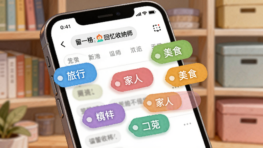 һ��AI���ɵĲ廭��������һ���ֻ���Ļ��ʾ����һ�񣺻�������ʦ���ı�ǩ�������棬��Ļ��Ư���Ŷ����ɫ��ǩ����ǩ��д�š����С������ˡ�����ʳ������������������͵���������ɺУ�����������죬����ϸ�壬�޶���Ԫ��