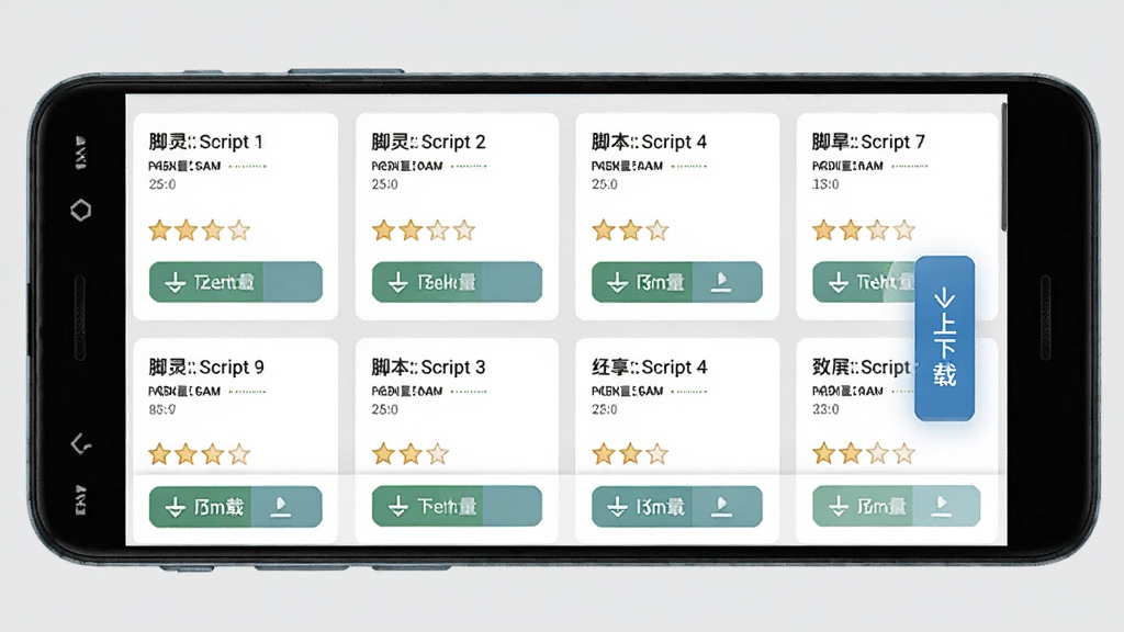 自动精灵脚本社区界面展示图,主体为安卓手机屏幕显示脚本列表和下载按钮,布局为网格状卡片排列,背景为浅灰色简洁背景,风格为社区分享风,细节有星级评分和下载量数字,画质高清干净无多余元素