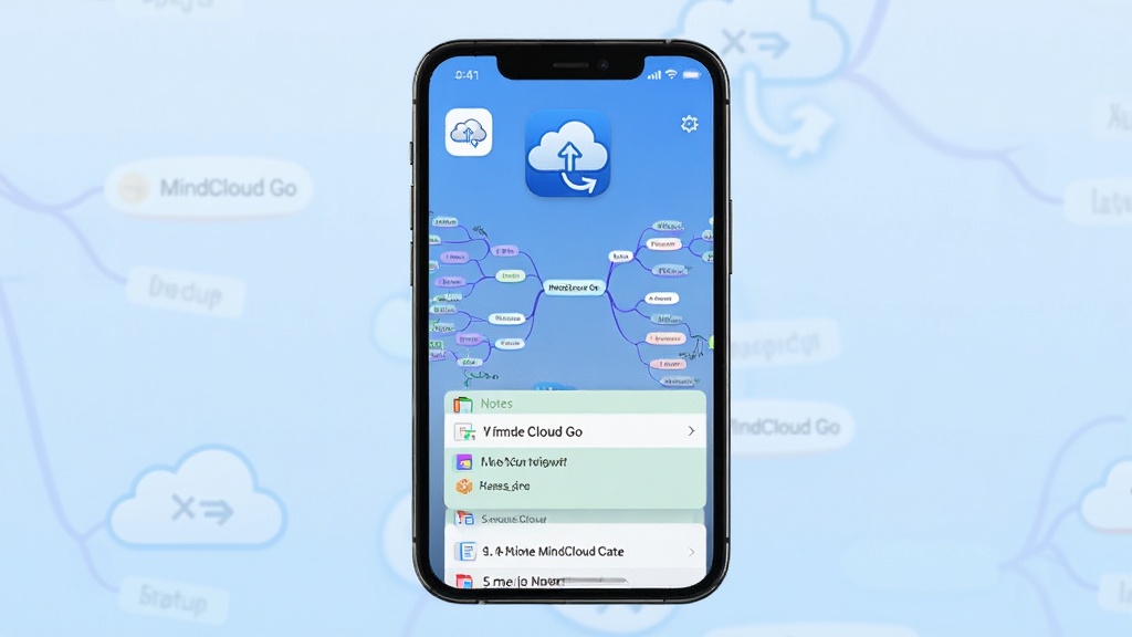 ����Ϊһ�������ֻ���Ļ����Ļ������ʾ MindCloud Go Ӧ�������棬�������˼ά��ͼ�ڵ���ʼǿ�Ƭ������Ϊ�ֻ����У�����Ϊǳ��ɫ���䣻�Ű��࣬��������Ӧ��ͼ�ꣻ���Ϊ�ִ��Ƽ���ƽ�磻ϸ�ڰ����ƶ�ͼ�ꡢͬ����ͷ���ʼ���Ŀ�����ʸ��壬�ɾ����޶���Ԫ��