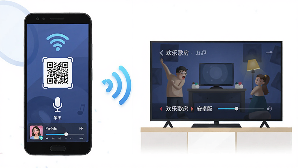 ���ָ跿��׿���ֻ����ӵ��Ӳ���ʾ��ͼ������Ϊ�ֻ��������Ļ֮��ͨ��WiFi�ź����ӣ�����Ϊ���ҷ���չʾ�ֻ��˺͵��Ӷ˽��棬���Ϊ��ƽ���Ƽ��廭�磬ϸ�ڰ���WiFiͼ�ꡢ��Զ�ά�롢��˷�ͼ�ꡢ���������������ʸ��壬�ɾ����޶���Ԫ��