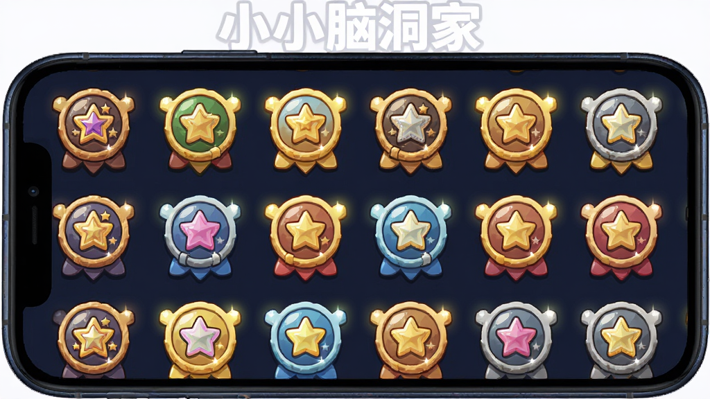 一张展示小小脑洞家成就页面的图片,主体是手机屏幕中显示一排排闪亮的成就徽章,布局为竖向列表,排版整齐,风格为卡通风格,细节包括每个徽章有不同的图案和颜色,部分徽章已点亮,画质高清,干净,无多余元素。