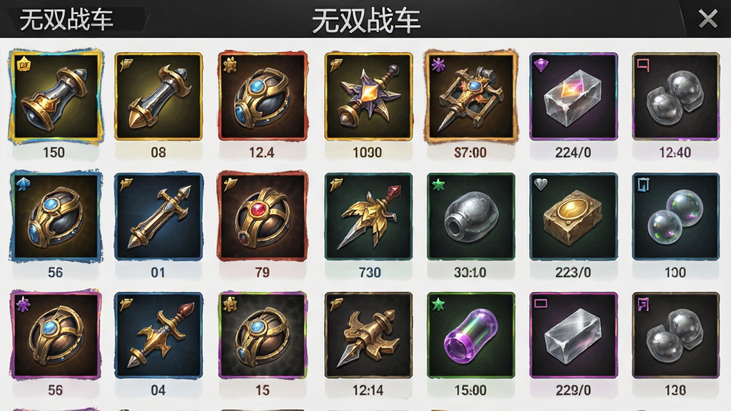一张展示无双战车游戏内交易市场界面的图片,主体是琳琅满目的装备和材料列表,布局为整齐的网格状,风格为简洁的游戏UI风格,细节上突出装备图标的光泽和不同品质的颜色边框,画质为高清,干净无多余元素,画面中带有文字“无双战车”