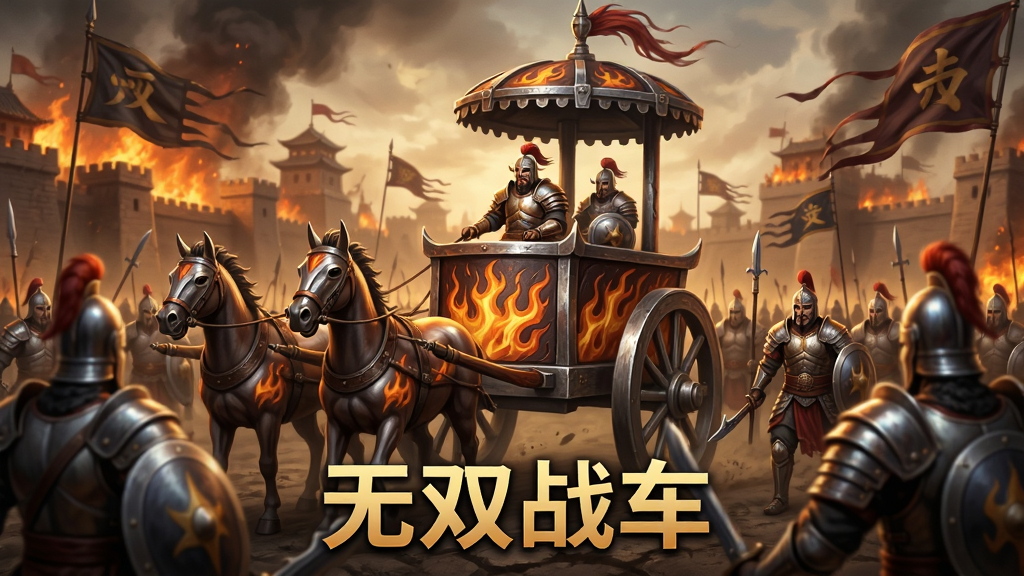 一张展示无双战车游戏宏大场景的图片,画面中央是一辆造型霸气的古代战车,车身刻有火焰纹路,战车周围环绕着身穿铠甲的战士,背景是燃烧的城池和飘扬的战旗,布局采用中心构图,风格为写实奇幻CG,细节上突出战车的金属质感和战士的盔甲光泽,画质为4K高清,干净无多余元素,画面中带有文字“无双战车”
