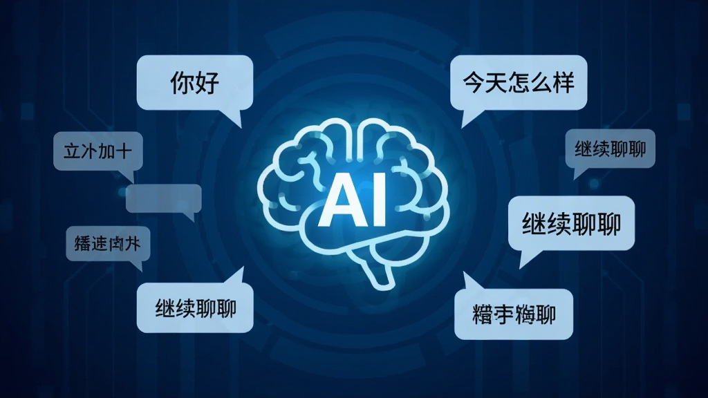 一个发光的AI大脑图标悬浮在画面中央,周围环绕着多个对话气泡,气泡中写有“你好”“今天怎么样”“继续聊聊”等字样,背景为深蓝色科技感渐变,主体突出,布局对称,风格简约现代,画质清晰,无多余装饰