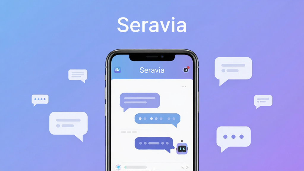 画面中央放置一部智能手机,手机屏幕上显示“Seravia”应用界面,界面中有对话气泡和AI头像,背景为柔和的蓝紫色渐变,周围点缀几个简约的聊天气泡图标,整体采用扁平化UI风格,细节干净清晰,文字“Seravia”置于画面顶部居中,画质高清,构图简洁,无多余元素