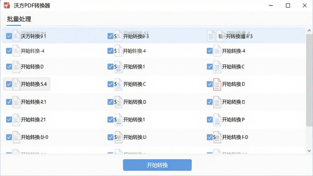 一张展示沃方PDF转换器批量文件处理功能的界面图,画面中显示多个文件列表排列在软件窗口中,每个文件前方有勾选框,底部有开始转换按钮,界面风格简洁,配色清爽,画质清晰,无多余元素