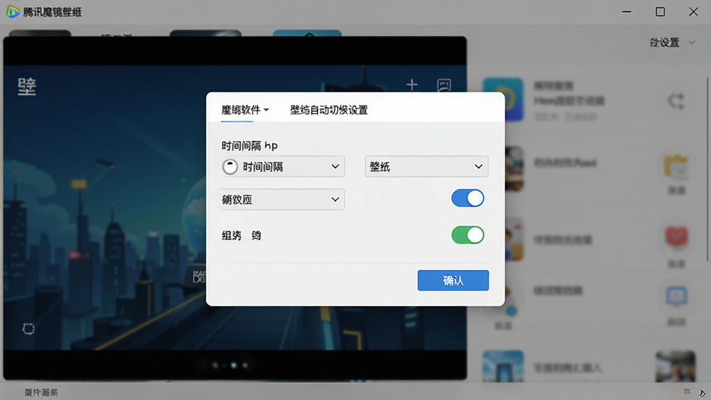 一张展示腾讯魔镜壁纸软件设置界面的图片,主体是壁纸自动切换设置面板,布局为居中弹窗,排版展示时间间隔选项和开关按钮,风格为简洁实用的工具界面,细节包括下拉菜单和确认按钮,画质高清,画面干净,无多余元素