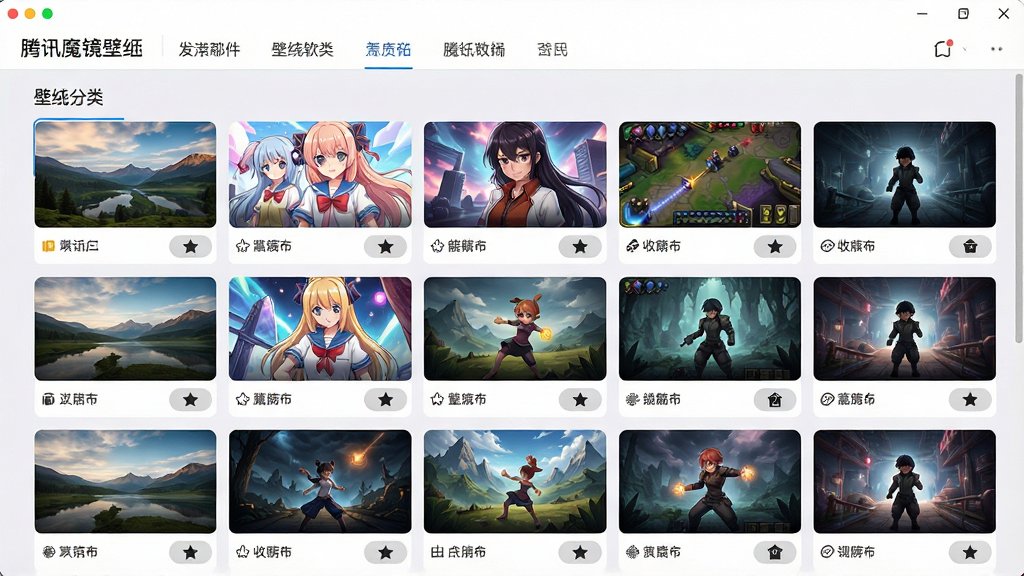 一张展示腾讯魔镜壁纸软件中壁纸分类页面的图片,主体是屏幕上排列整齐的壁纸缩略图网格,布局为顶部导航栏加下方瀑布流,排版展示风景、动漫、游戏等分类标签,风格为清新明亮的软件界面,细节包括每张缩略图下方的收藏按钮,画质高清,画面干净,无多余元素