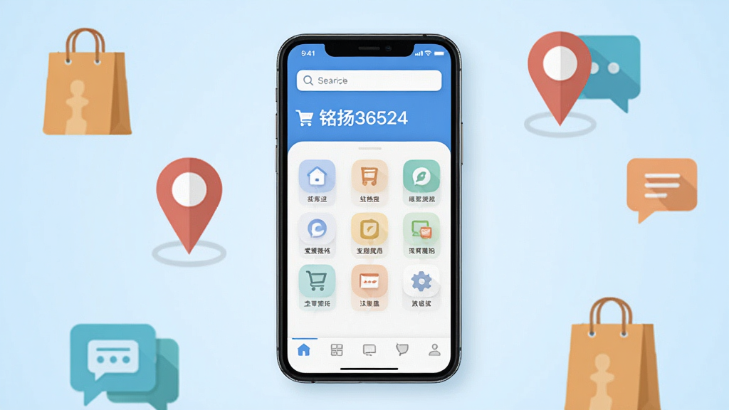 画面中央放置一部智能手机,屏幕显示“铭扬36524”应用主界面,界面布局简洁,上方为搜索栏,中部为功能图标网格,下方为导航菜单。手机周围环绕购物袋、定位标记、消息气泡等扁平化图标,背景为浅蓝色渐变,整体风格清爽现代,细节清晰,画质干净,无多余元素。
