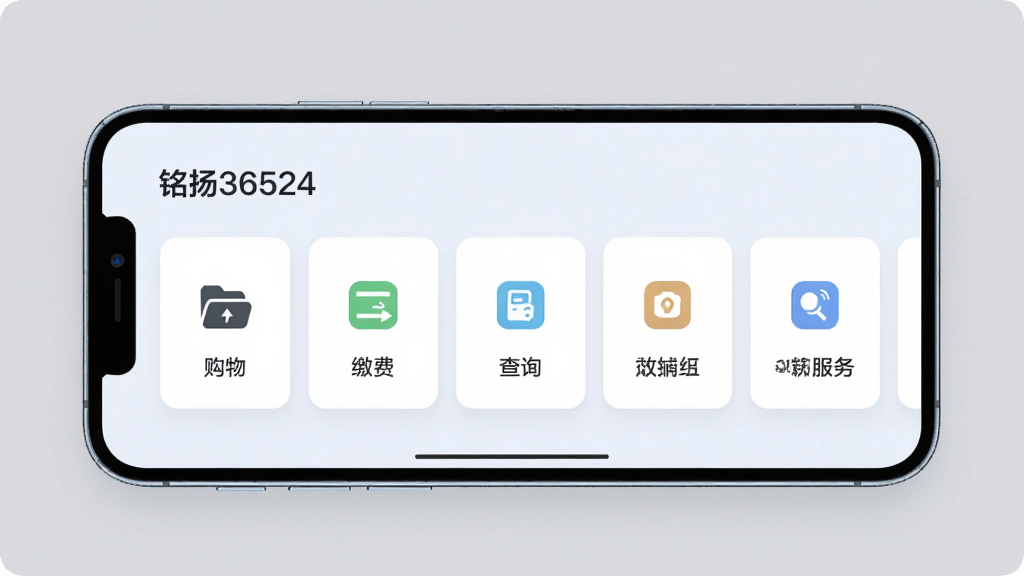 以“铭扬36524”应用界面为主体,展示多个生活服务卡片横向排列,卡片上分别标注购物、缴费、查询等图标,背景为柔和的浅灰色,手机屏幕发出微光,整体构图居中,风格简约商务,细节清晰,画质干净,无多余元素。