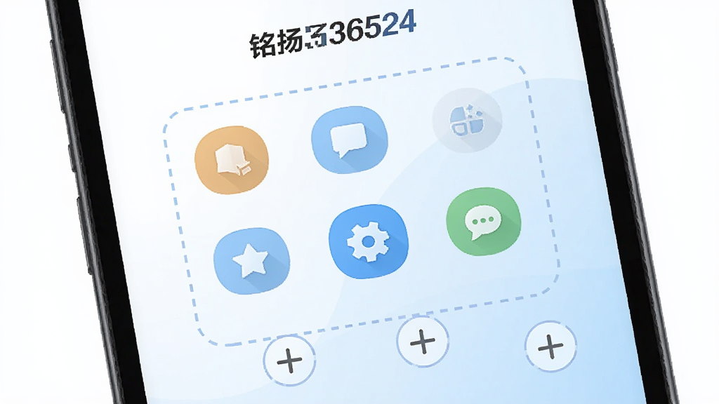 画面展示“铭扬36524”手机界面,屏幕中央为可拖拽的功能图标,周围有虚线框和加号按钮表示添加快捷方式,背景为白色与浅蓝色搭配,风格清新浅色,细节清晰,画质干净,无多余元素。