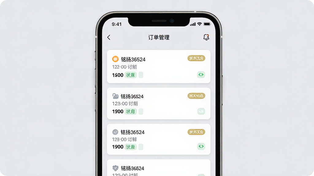 手机屏幕显示“铭扬36524”消息通知列表与订单管理页面,界面采用卡片式设计,每条通知带有时间戳和状态标签,背景为淡灰色,整体风格素雅极简,细节清晰,画质干净,无多余元素。