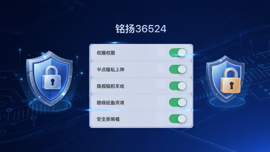 画面中央为“铭扬36524”隐私设置界面,显示权限开关列表,旁边有盾牌与锁形图标象征安全防护,背景为深蓝色渐变,风格科技感,细节清晰,画质干净,无多余元素。