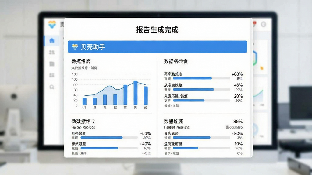 一张展示“贝壳助手”大数据报告查询结果页面的图片,画面中央是一份结构化的数据报告卡片,上方有“报告生成完成”字样,下方用图表和文字条目展示多个数据维度,背景为白色,风格为简洁商务风,细节包括蓝色标题栏、灰色分割线、数据条与百分比数值,画质清晰,干净,无多余元素