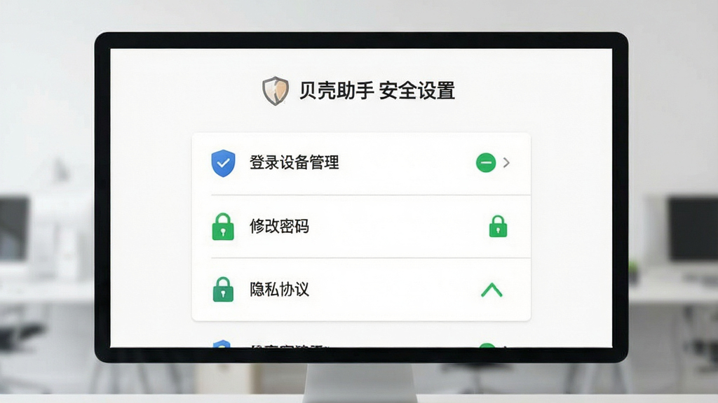 一张展示“贝壳助手”账号安全设置页面的图片,画面中央是安全中心界面,包含“登录设备管理”“修改密码”“隐私协议”等选项列表,每个选项前有对应图标,背景为白色,风格为简约商务风,细节包括盾牌图标、绿色安全标识、灰色分割线,画质清晰,干净,无多余元素