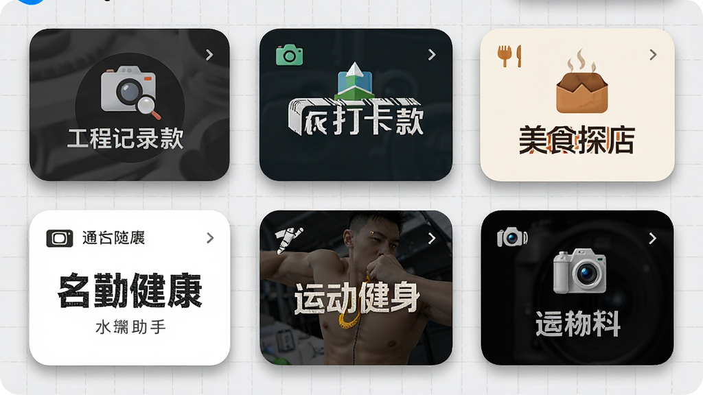 水印相机定位助手水印模板展示界面,画面中排列着多个不同风格的水印样式卡片,包括工程记录款、旅行打卡款、美食探店款、运动健身款等,每张卡片上都有对应的图标和文字排版示例,背景为浅灰色网格,风格为应用商店截图展示,细节包括卡片的阴影、圆角、文字清晰度,画质高清,干净,无多余元素