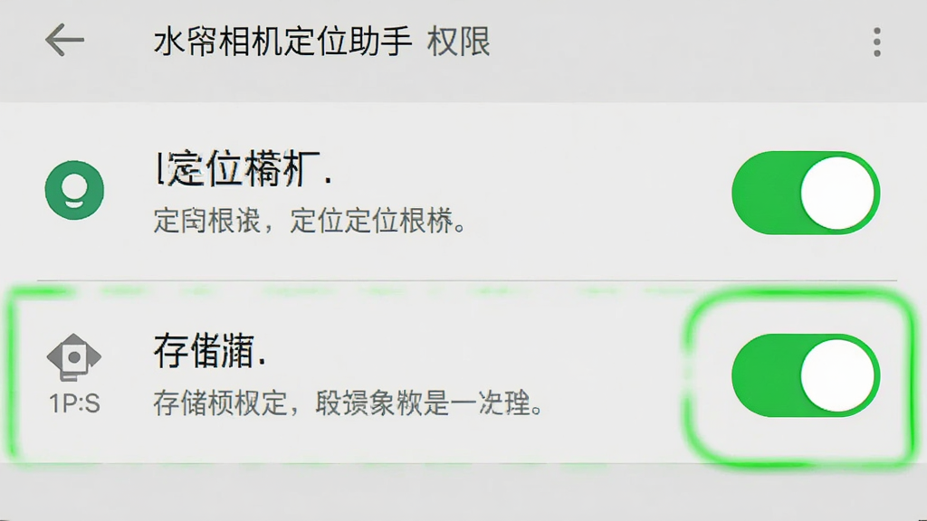 水印相机定位助手权限设置引导图,画面展示手机设置界面的权限管理页面,高亮标注了定位权限和存储权限的开关位置,界面风格为安卓原生设置风格,细节包括权限图标、开关按钮的绿色高亮状态、说明文字,画质清晰,干净,无多余元素