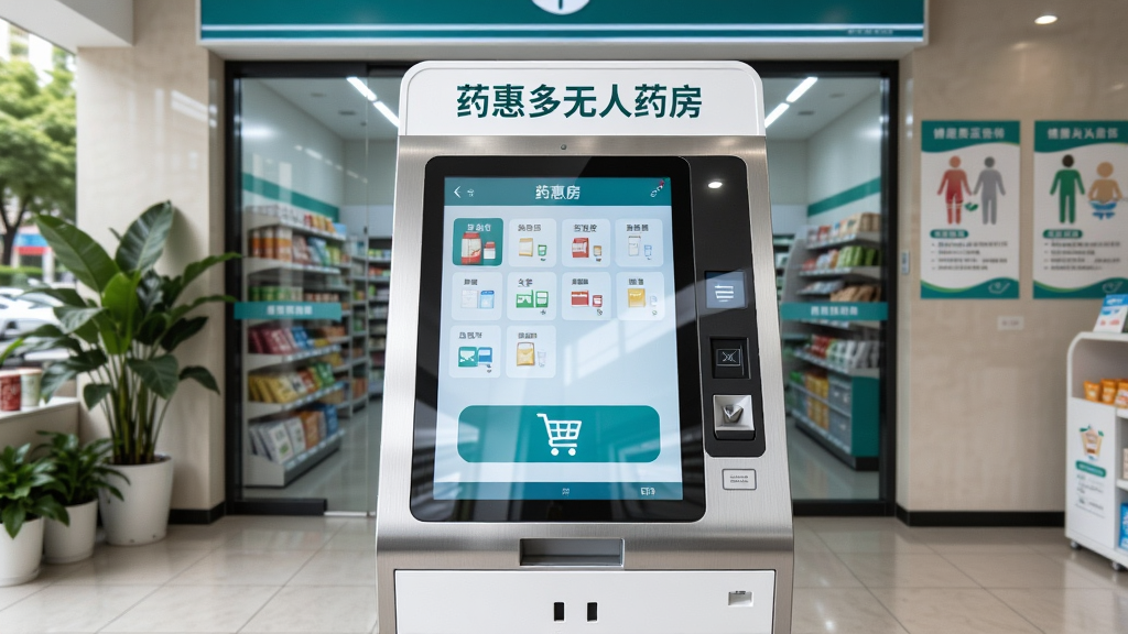 �����������һ̨��ɫ����ҩ�������ն��豸����Ļ��ʾҩƷ�����б��빺�ﳵͼ�꣬�豸������