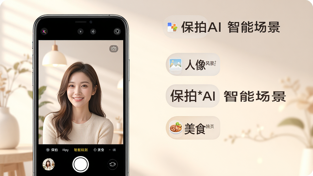 一张展示保拍AI智能场景识别功能的示意图,画面左侧是手机拍摄界面,右侧是识别出的场景标签如“人像”“风景”“美食”,背景为柔和的光线,风格简洁现代,布局左右分栏,细节清晰,画质高清,干净无多余元素,图片中文字为“保拍AI 智能场景”